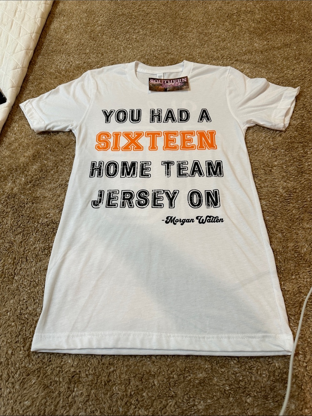 White Graphic Tee with Orange "SIXTEEN" Text